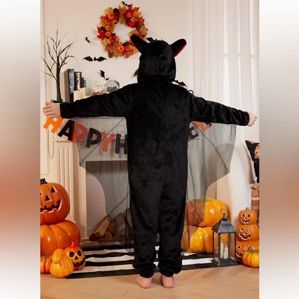 New Unisex Kids Halloween Zip Up Bat Outfit Plush Hoodie Jumpsuit 11-12 Years